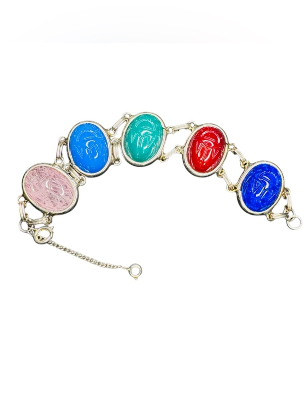 Vintage Scarab Link Bracelet Multicolor Carved Cabochons Safety Chain